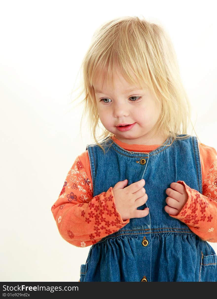 Cute toddler girl over white portrait