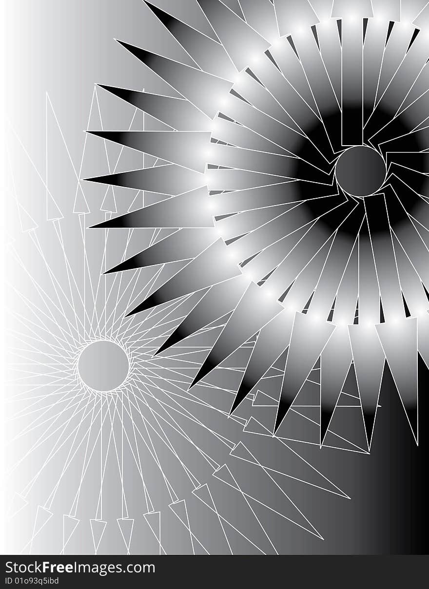 Arrow shapes form wheels in an abstract background illustration. Arrow shapes form wheels in an abstract background illustration.