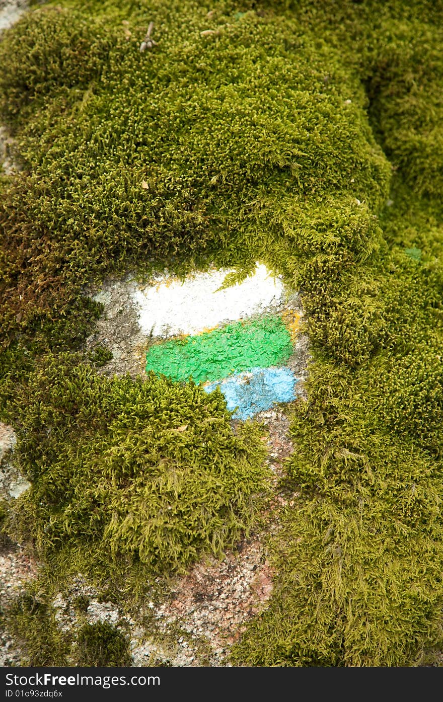 Three colours mark of a hiking path at gredos mountains in avila spain