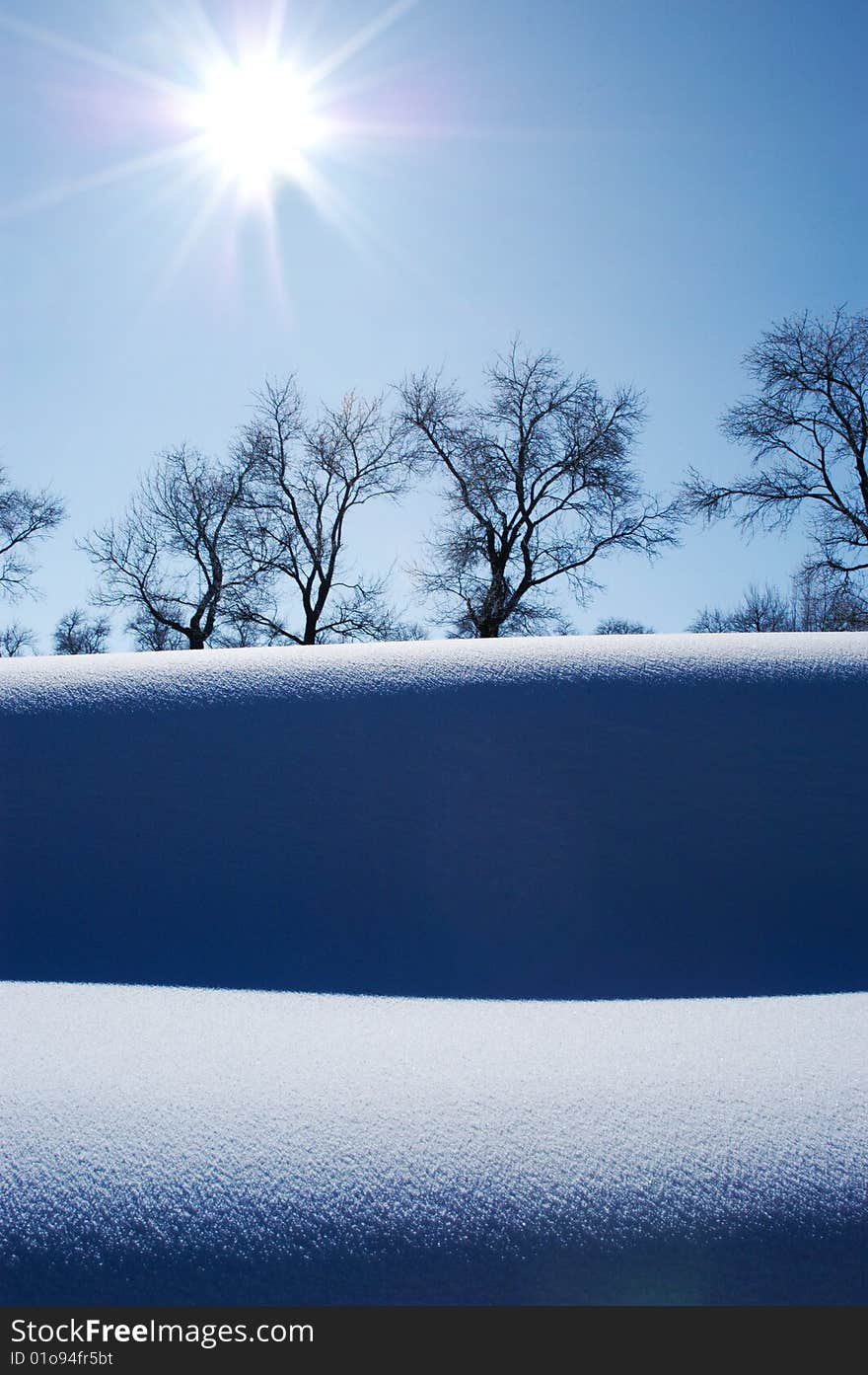 Snow landscape with direct sun. Snow landscape with direct sun