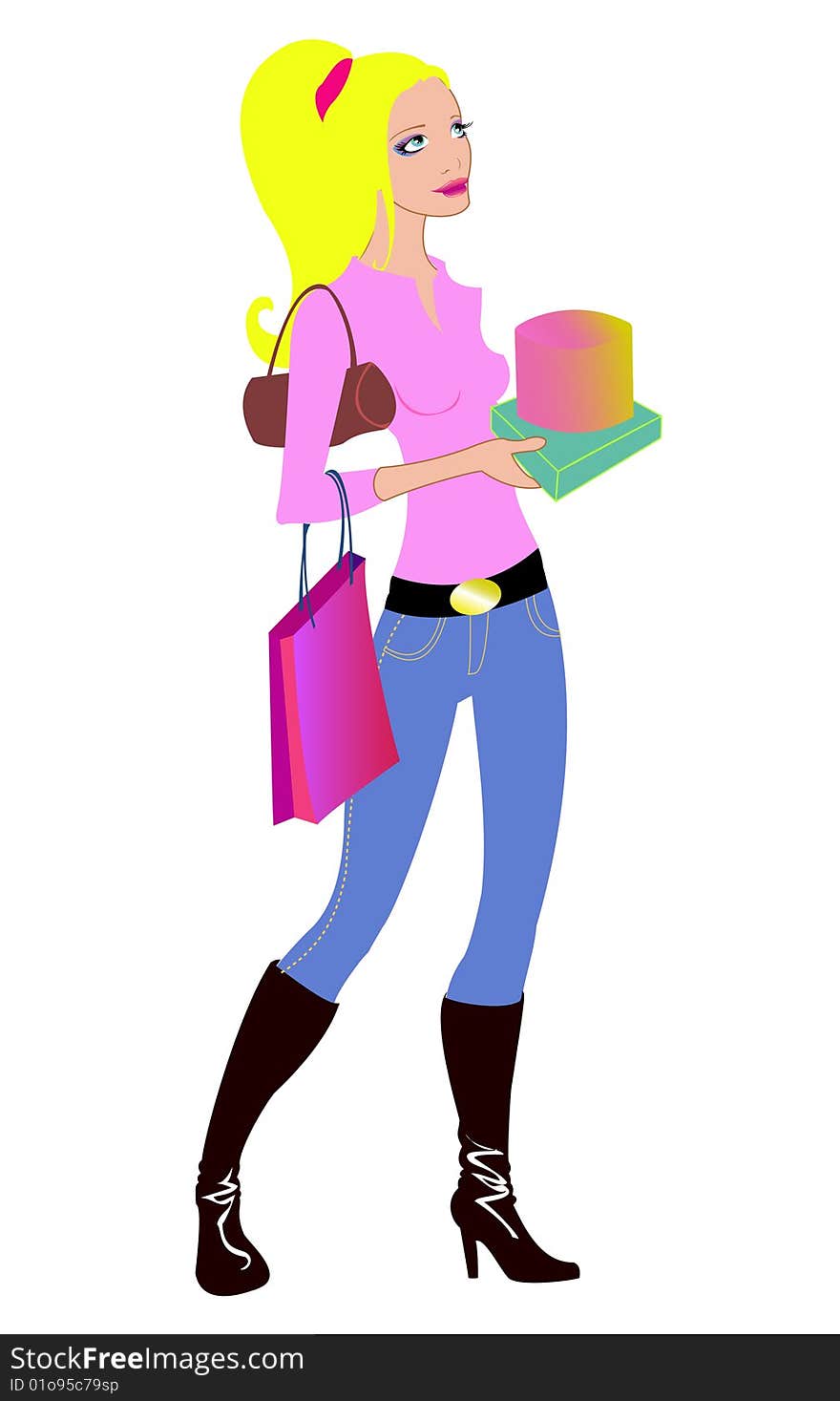 Vector illustration of beautiful woman during the shopping, holding the bags and boxes.