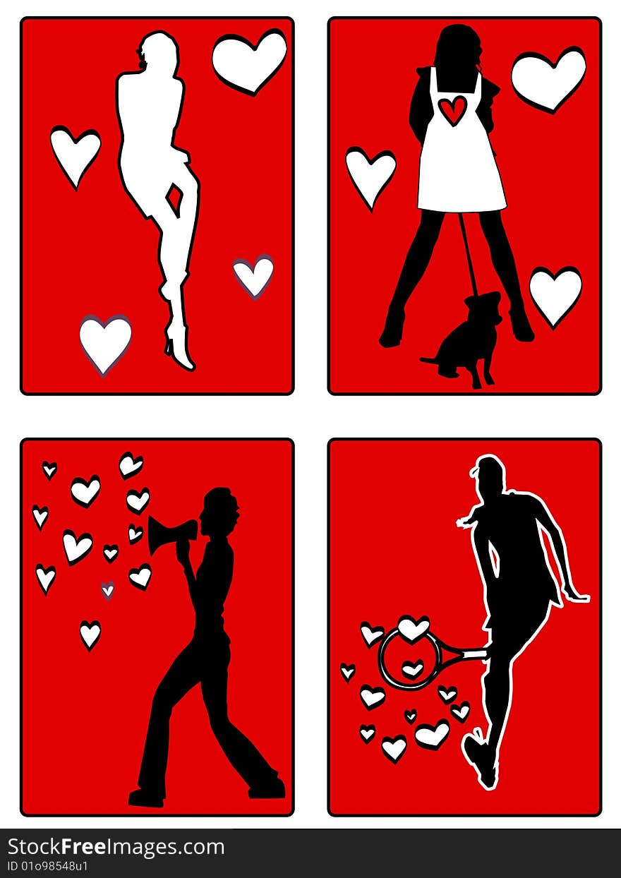 Four women active silhouettes with hearts. Four women active silhouettes with hearts