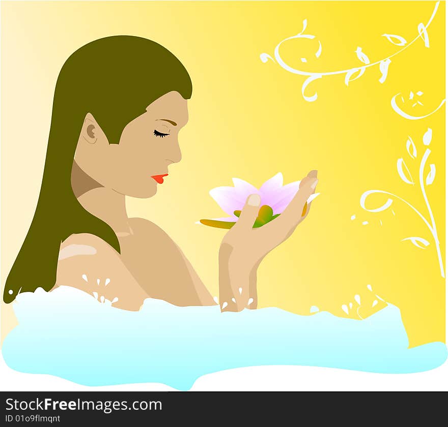 Pretty girl relaxed in bathroom with lotus flower. Vector illustration. Pretty girl relaxed in bathroom with lotus flower. Vector illustration.