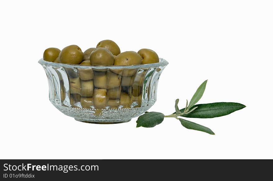 Green olives isolated on white background