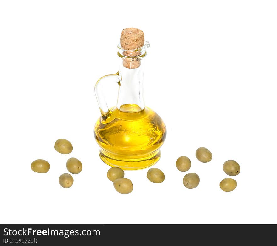 Bottle of olive oil and olive fruits