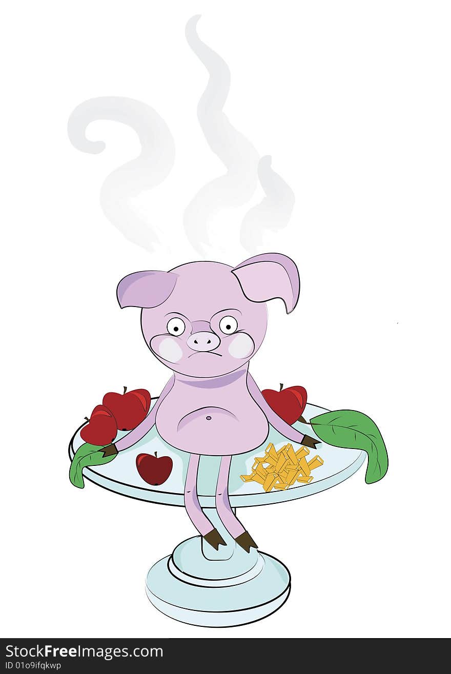 Evil pig is sitting on a plate and cools down. Evil pig is sitting on a plate and cools down