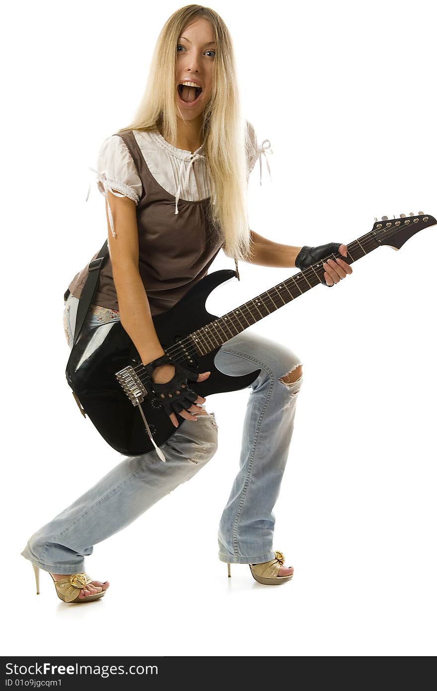 The shouting girl with black guitar. isolated over white background