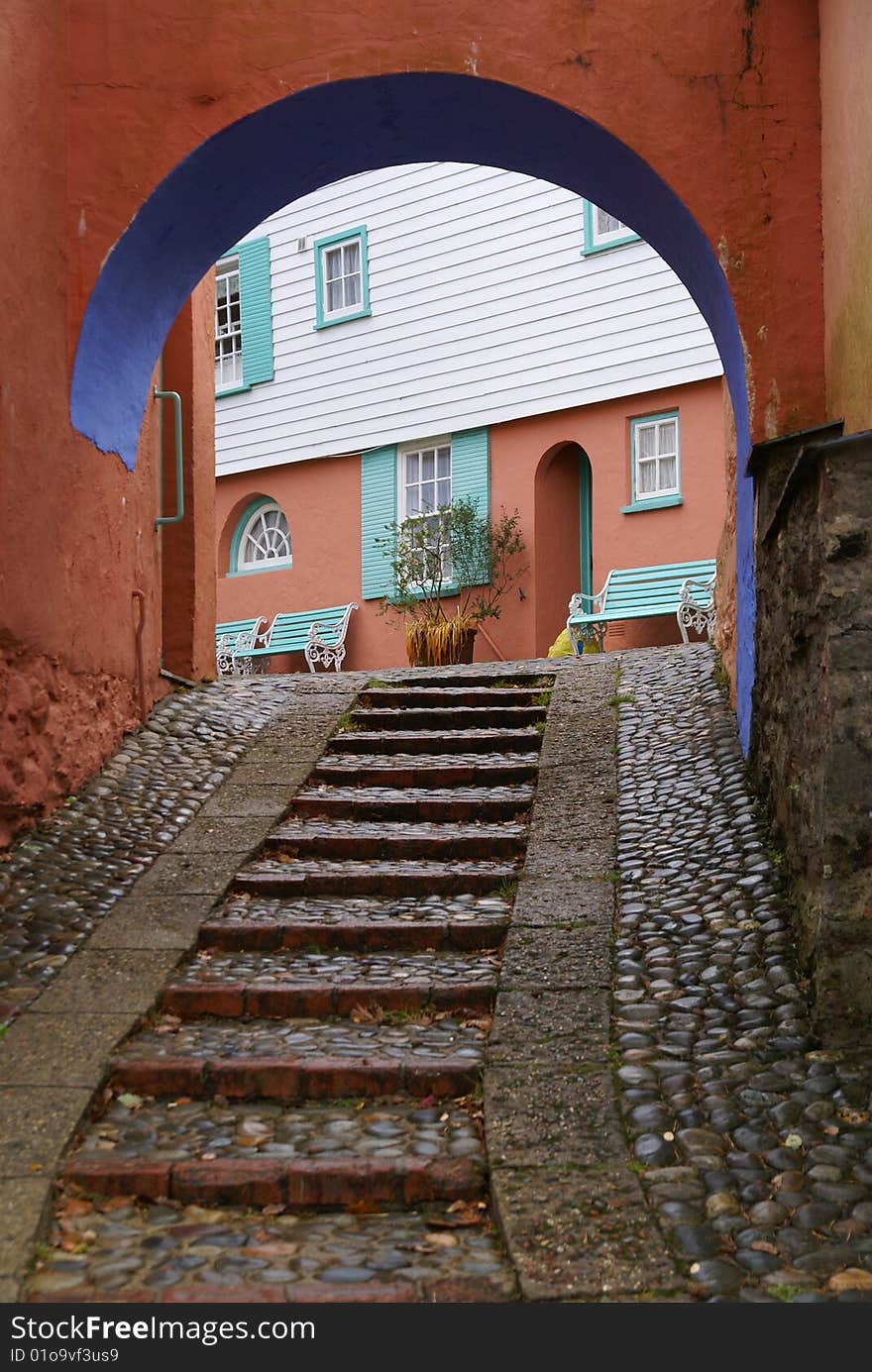 Cobbled steps leading up to buildings in portmeirion, North Wales.