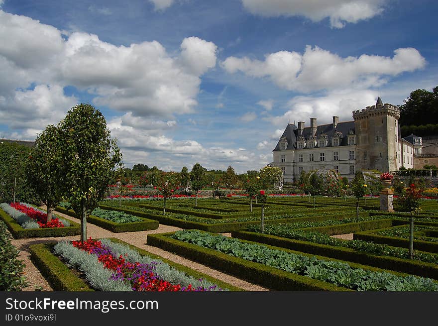 Chateau Villandry, Loire Valley, France. In summer looking across the formal gardens. Chateau Villandry, Loire Valley, France. In summer looking across the formal gardens.