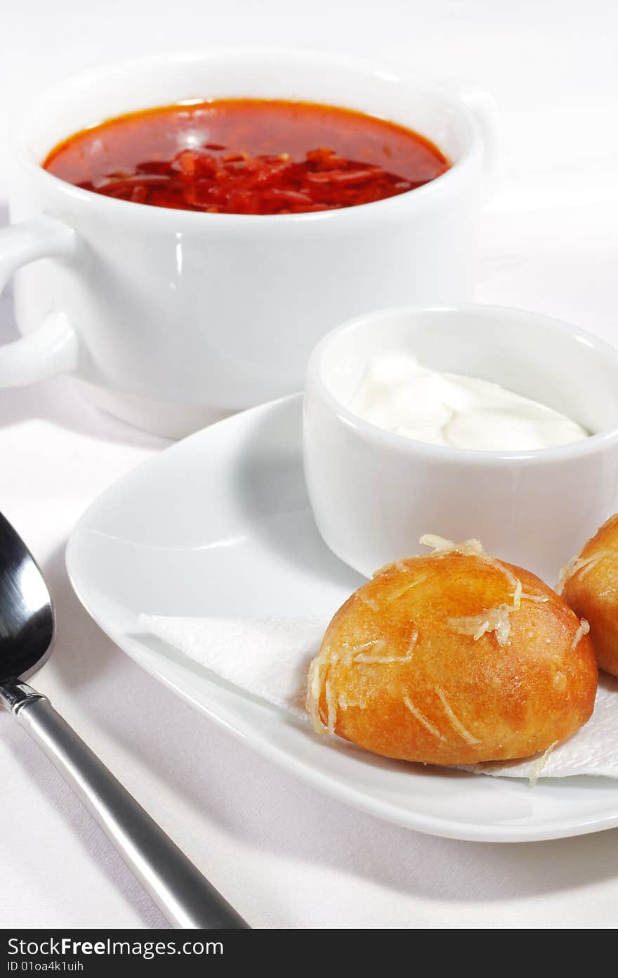 Meat Soup Served with Pampushka (bread) and Sour Cream