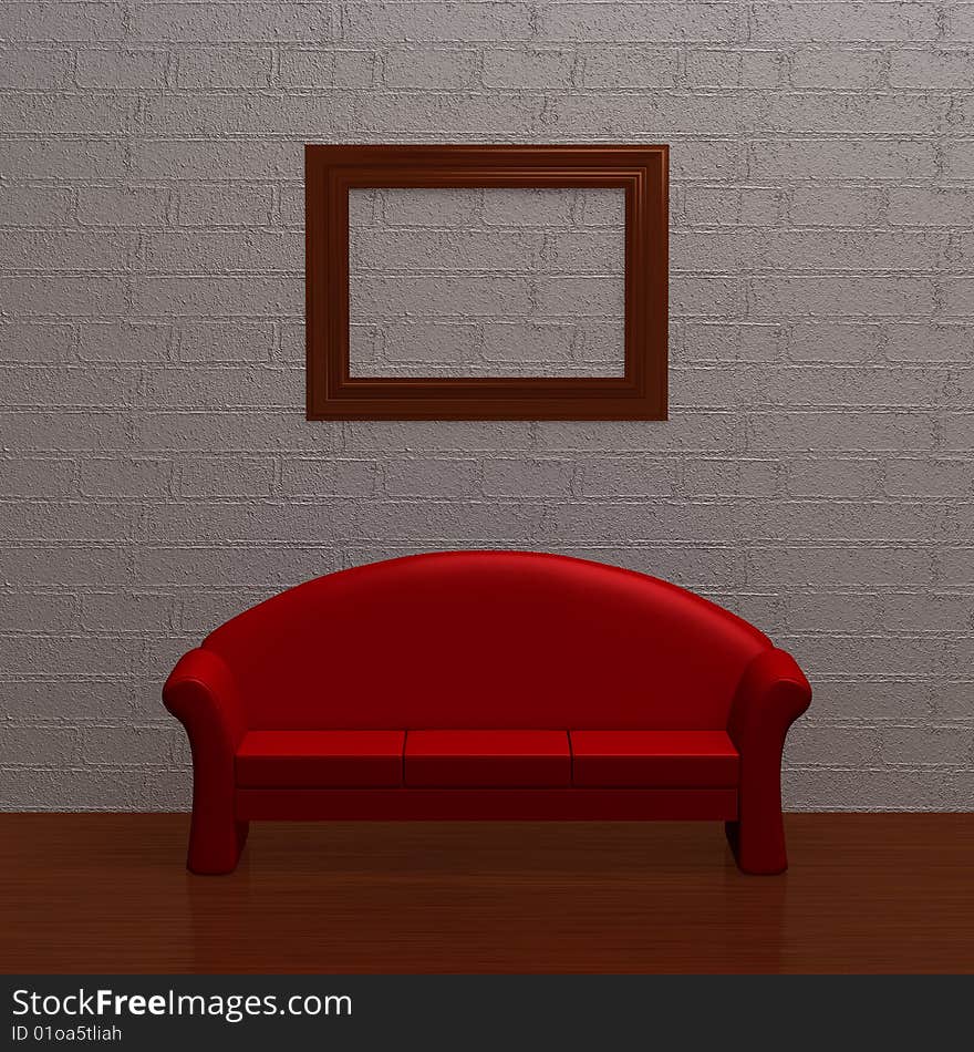 Red couch with empty frame in minimalist interior