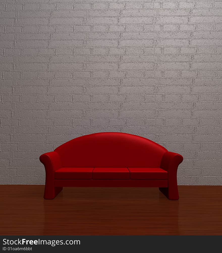 Minimalist interior visualization with red couch. Minimalist interior visualization with red couch.