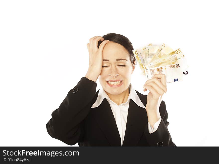 Photo of a depressed young business woman holding currency notes. Photo of a depressed young business woman holding currency notes