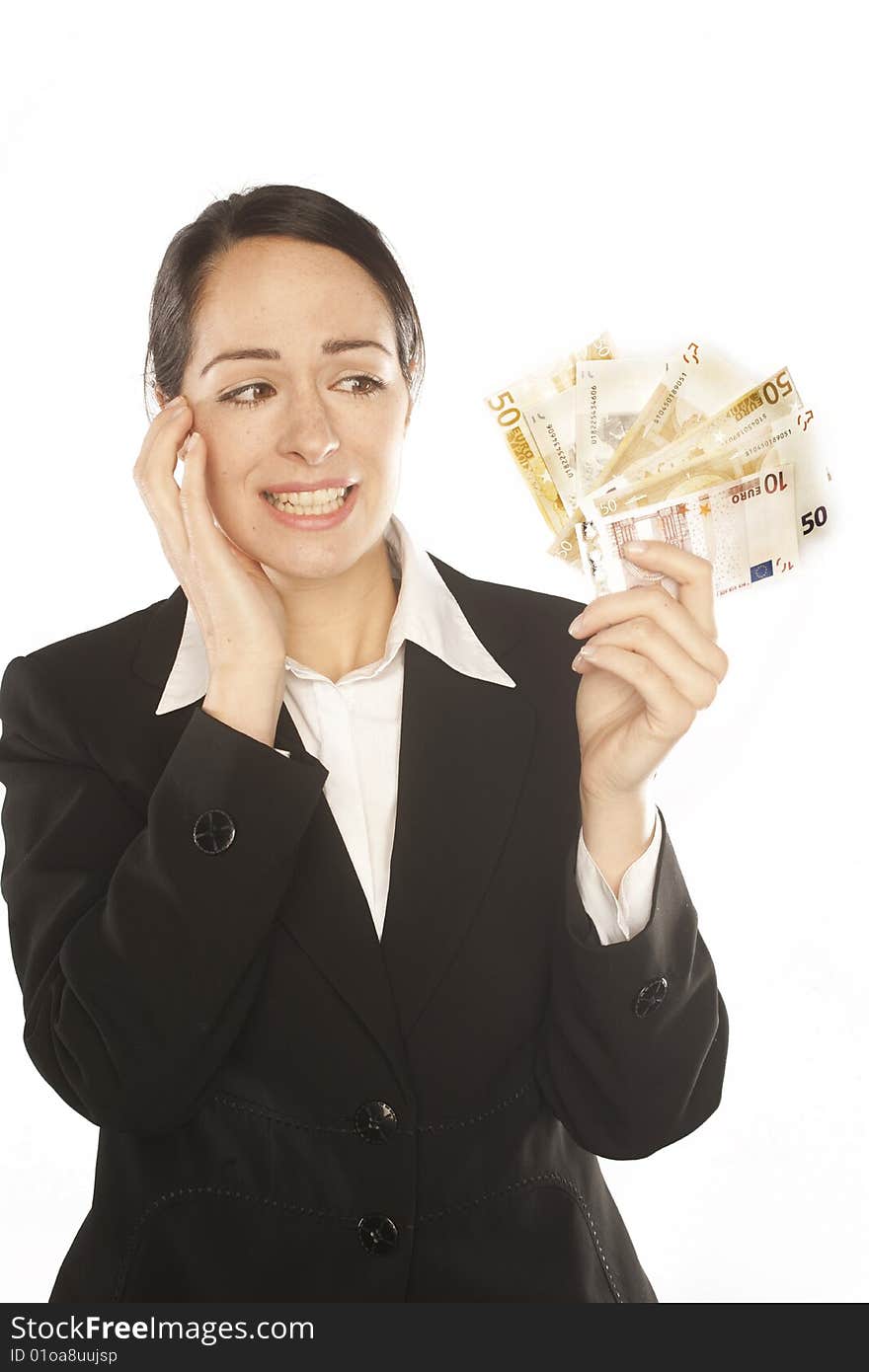 Photo of a depressed young business woman holding currency notes. Photo of a depressed young business woman holding currency notes