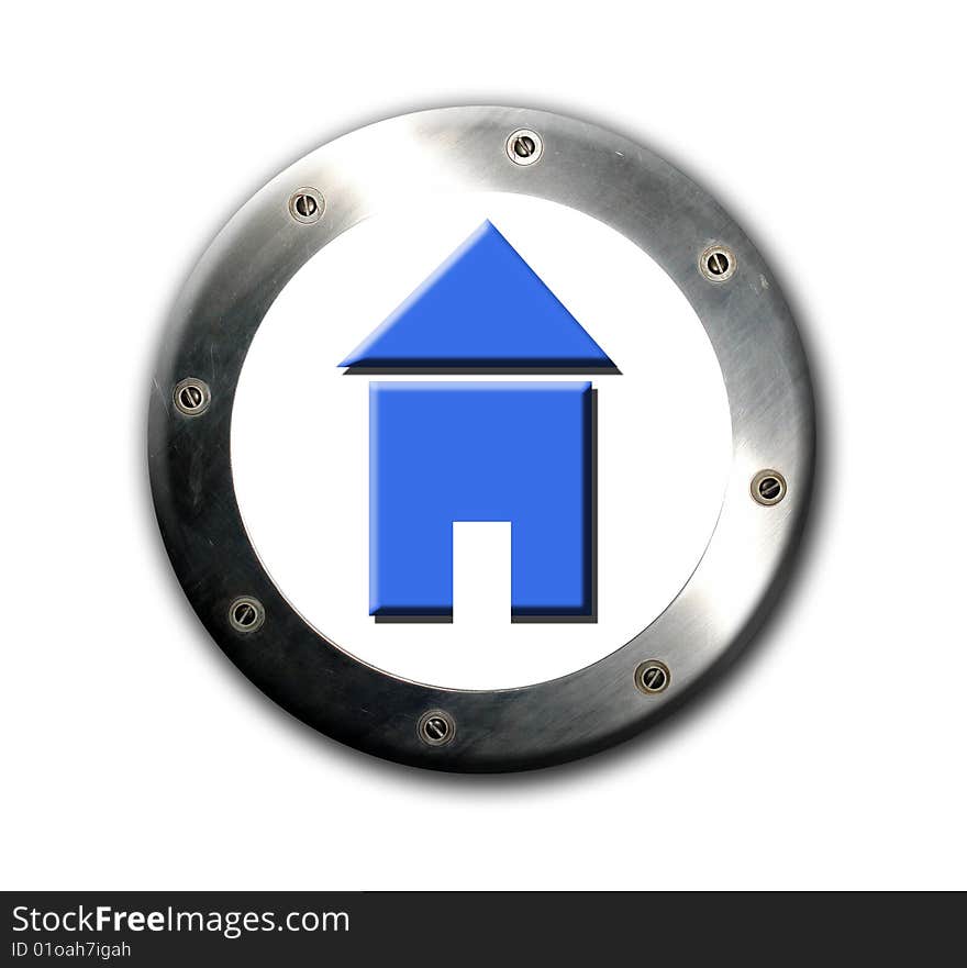 Blue house symbol on chrome round background