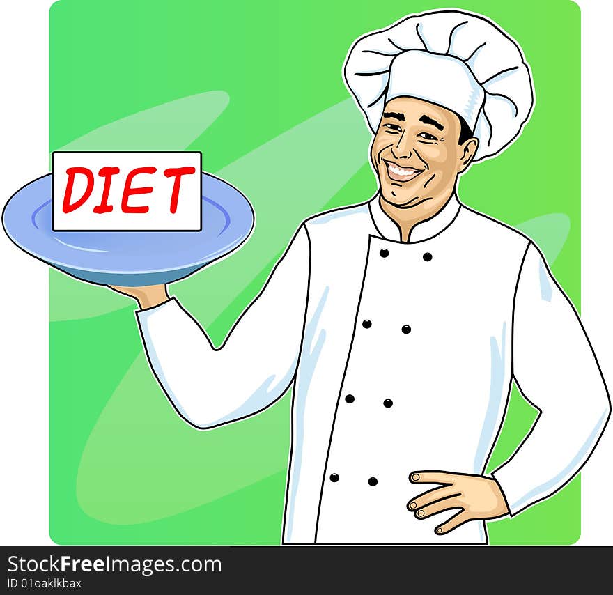 Vector illustration of cook with plate and diet menu