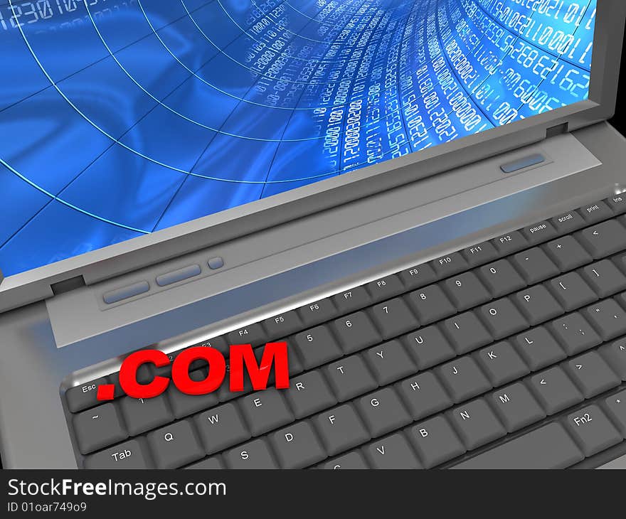 3d illustration of laptop and text 'com' on keyboard, internet concpt. 3d illustration of laptop and text 'com' on keyboard, internet concpt