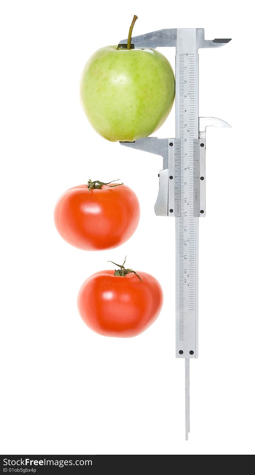 Trimmel with apple and tomato isolated on white. Clipping paths