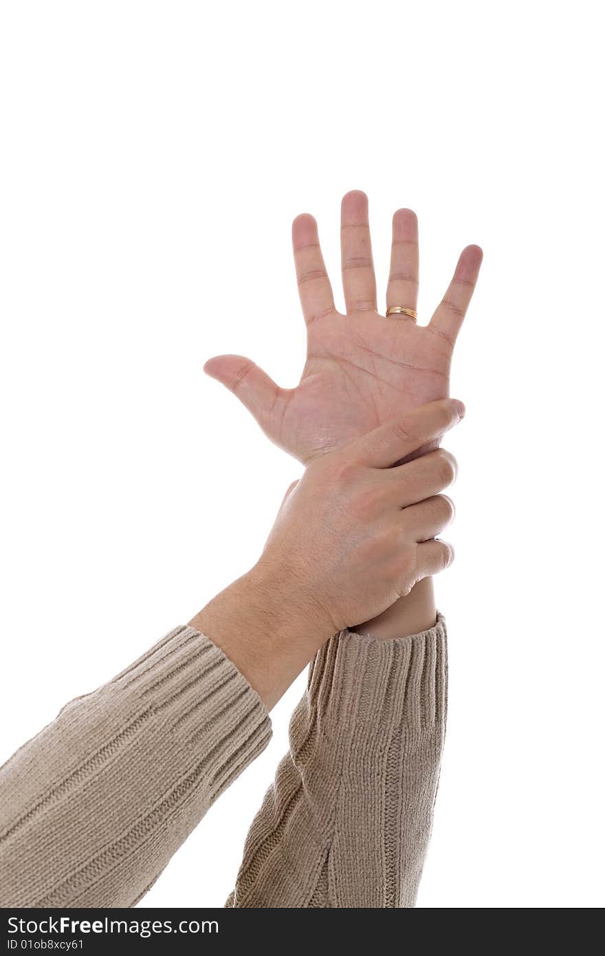 A man holding his own hand on white background. A man holding his own hand on white background