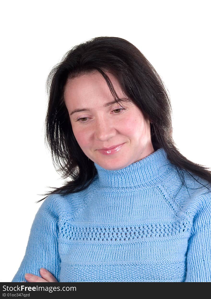 Young pensive woman on white background