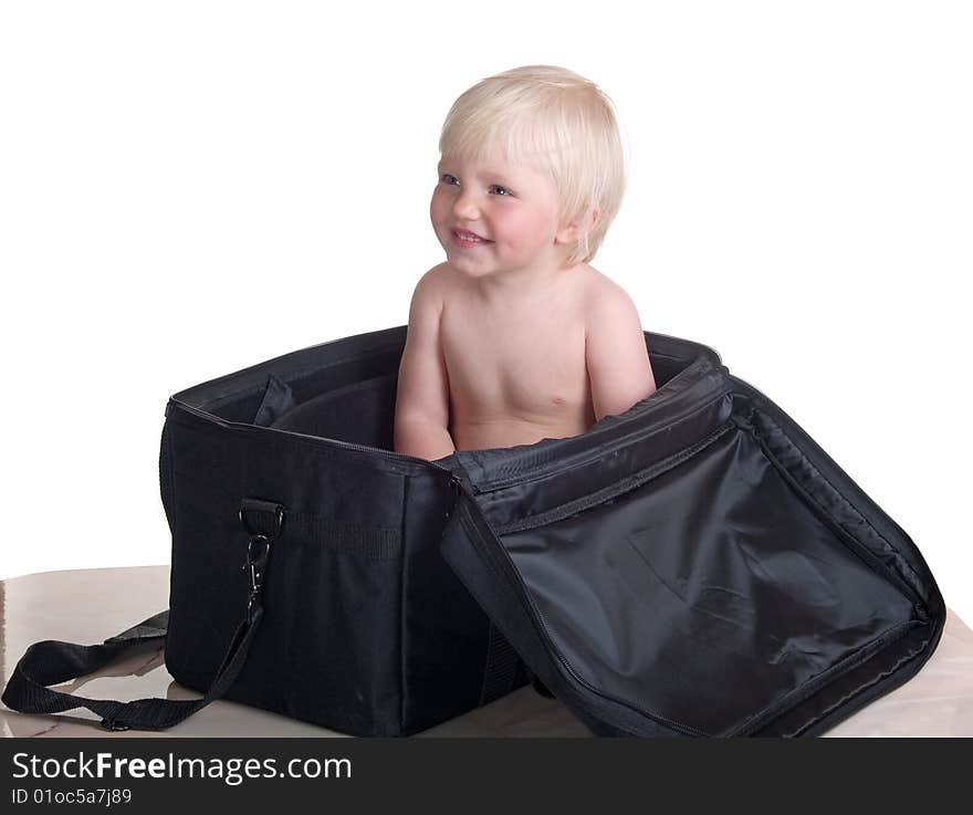 Smiling child into bag