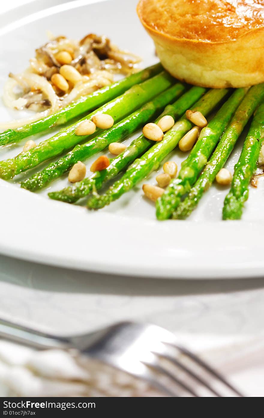 Appetizer - Goat's milk Cheese Pate on Fresh Asparagus with Mushrooms