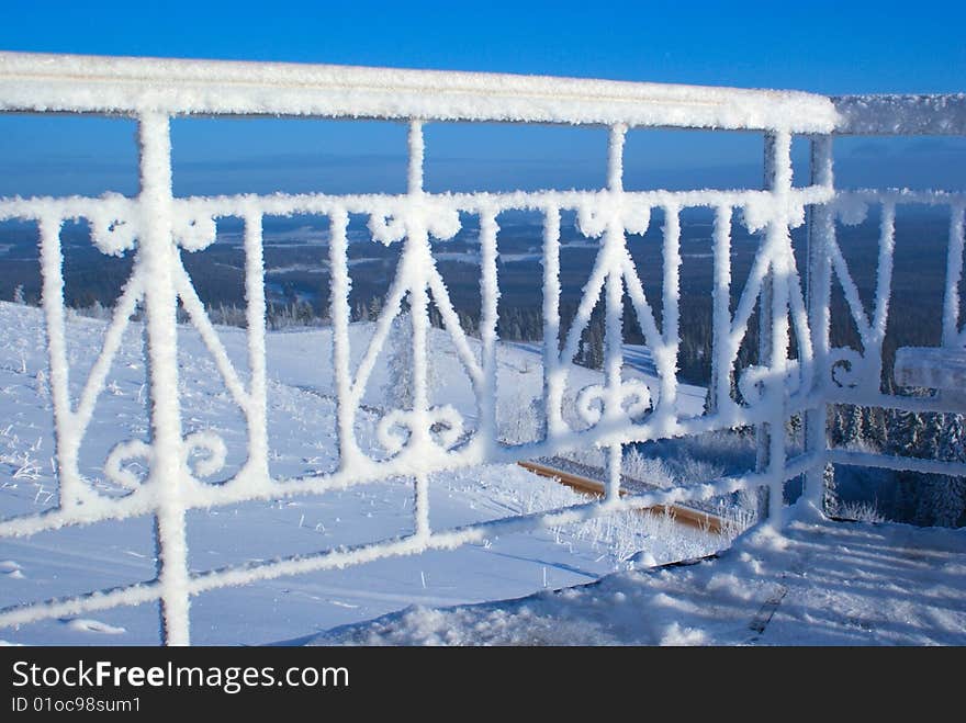 Stairway in hoarfrost, winter, Perm edge, Russia