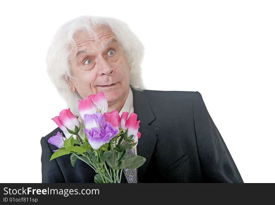 Older man courting with flowers