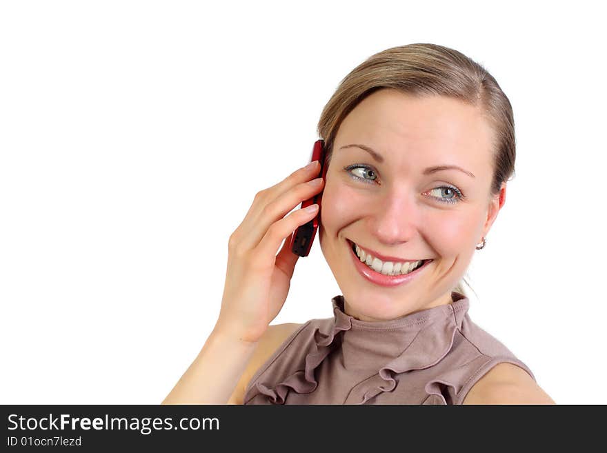 Happy blonde female using her mobile phone and smiling (isolated on white). Happy blonde female using her mobile phone and smiling (isolated on white)