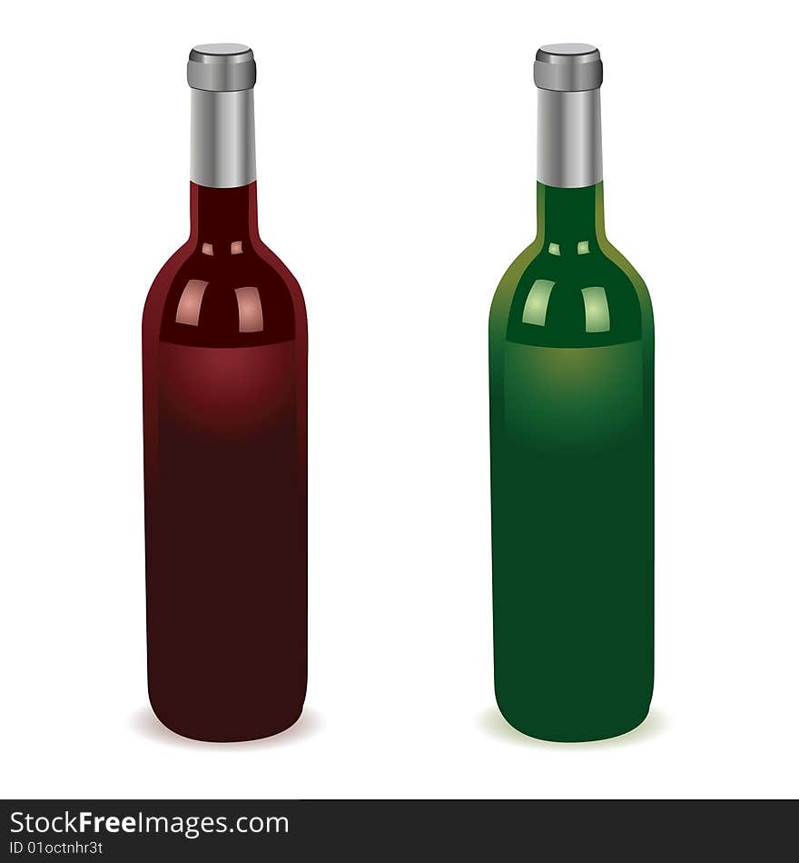 Bottles with white and red wine on a white background