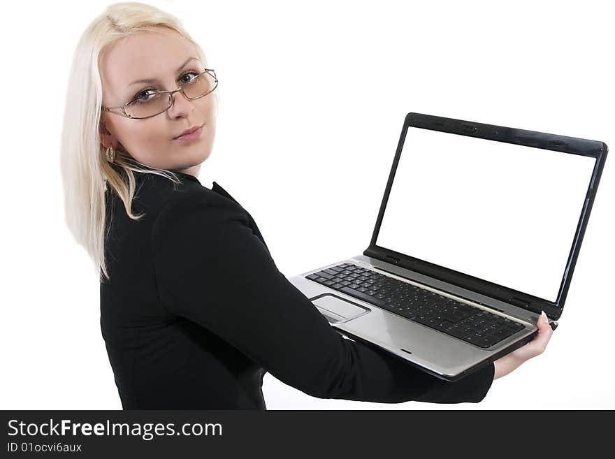 Business woman with laptop on white background