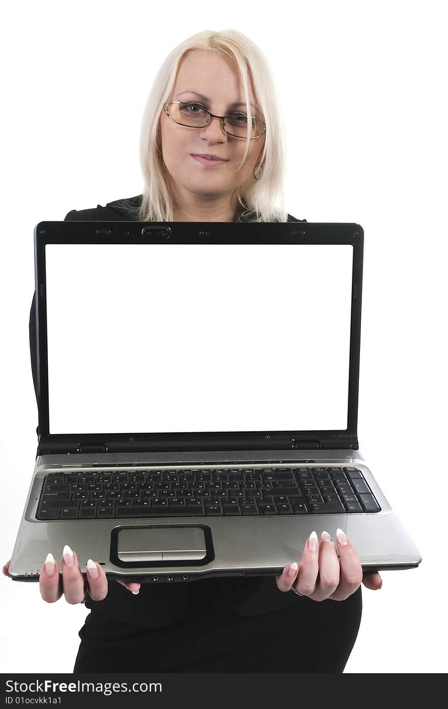 Business woman with laptop on white background