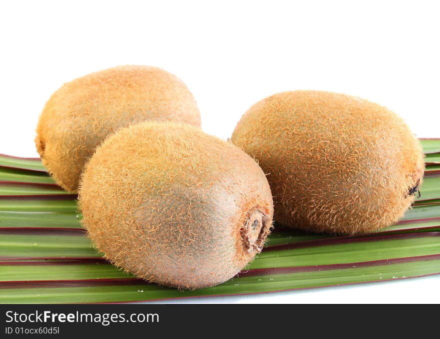 Three kiwi  on leaves on a white background, it is isolated.