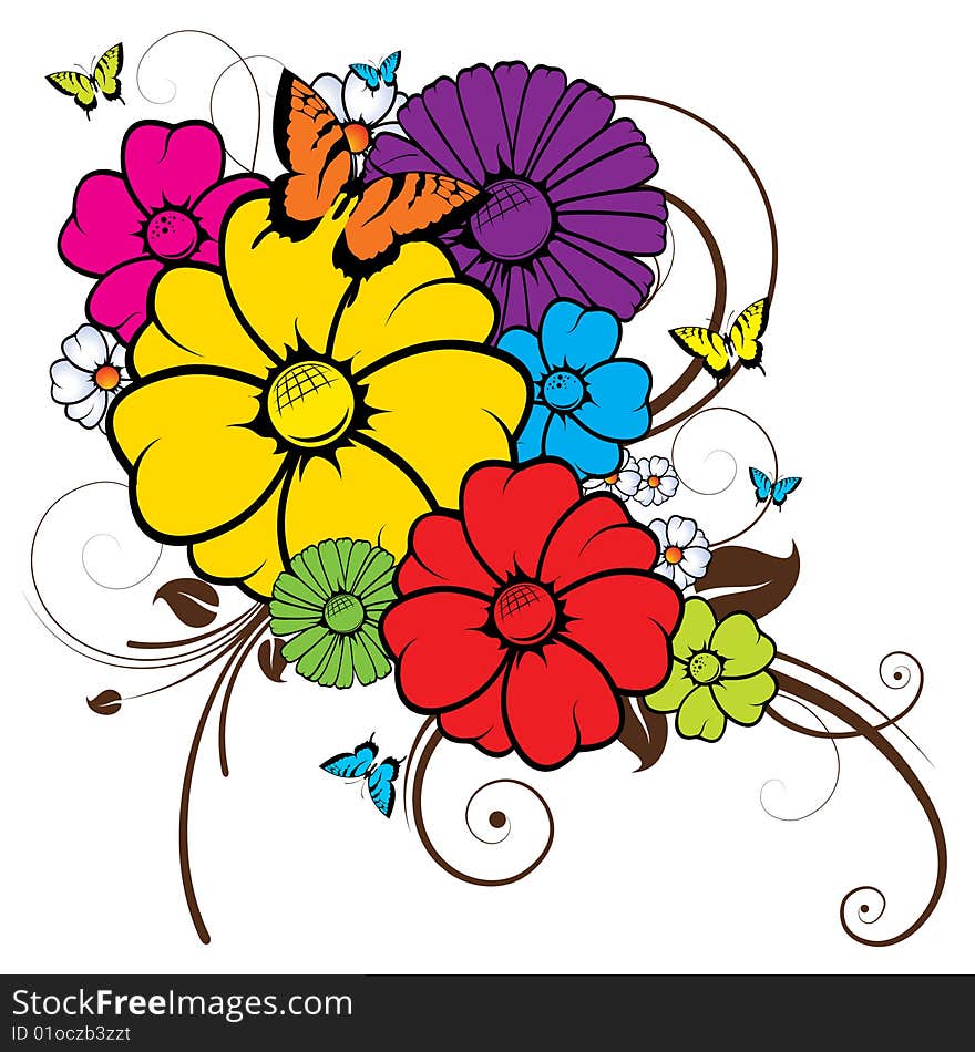 Abstract image, there are flowers, butterflies and branches