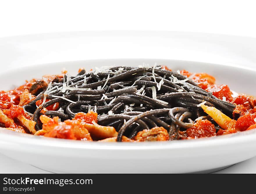 Pasta - Linguine with Seafood Plate. Isolated on White Background