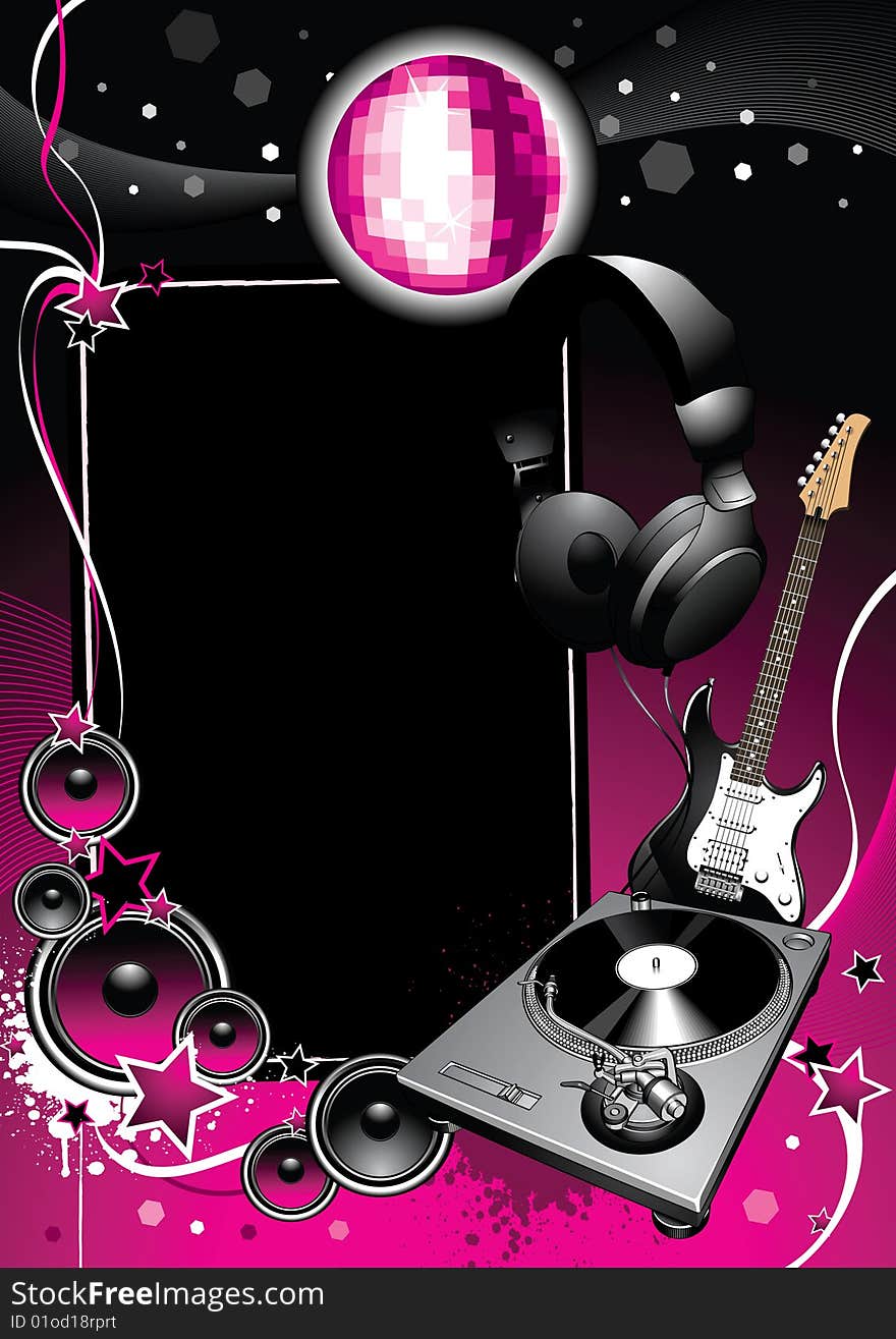 Turntable, guitar, headphones, discoball on dark background