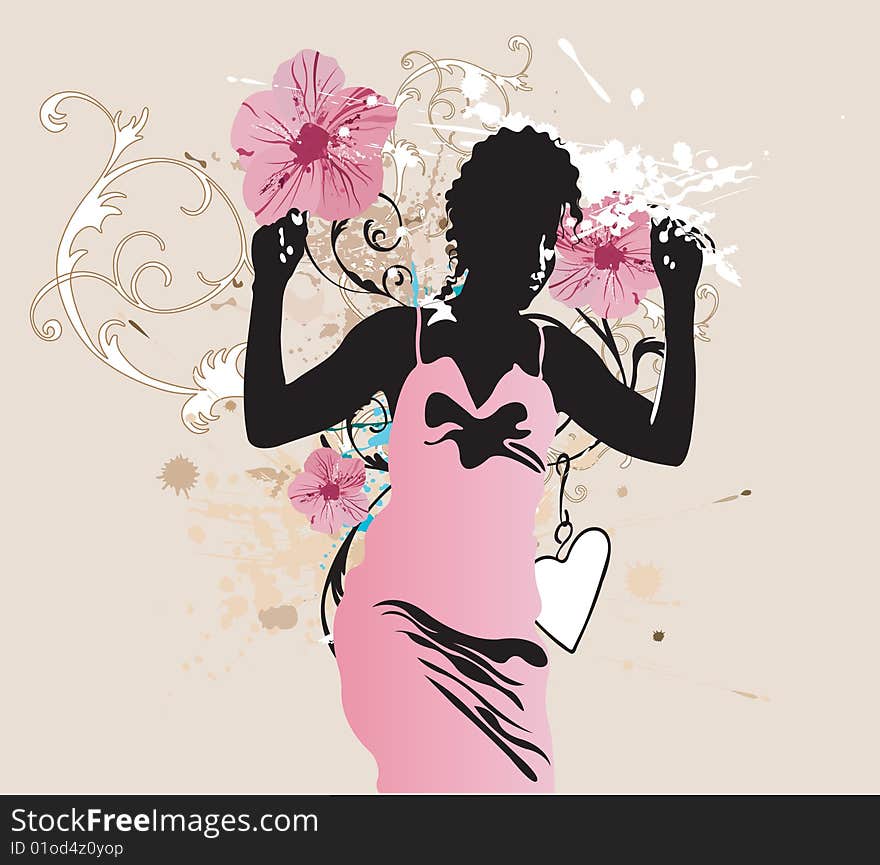 Illustration of a woman and floral patterns