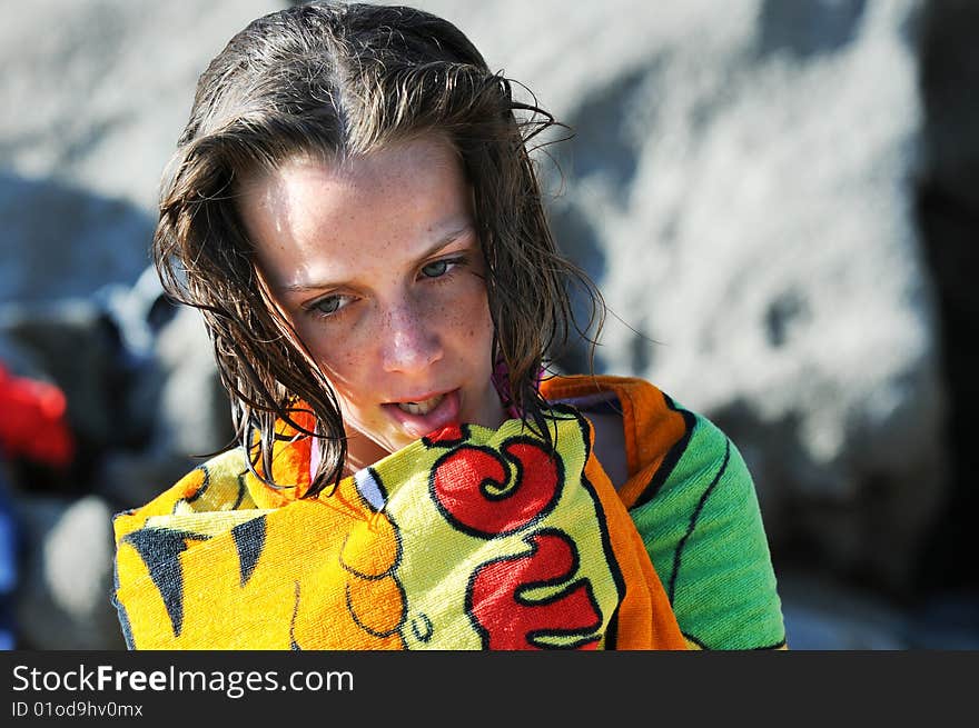 Girl at beach after swim