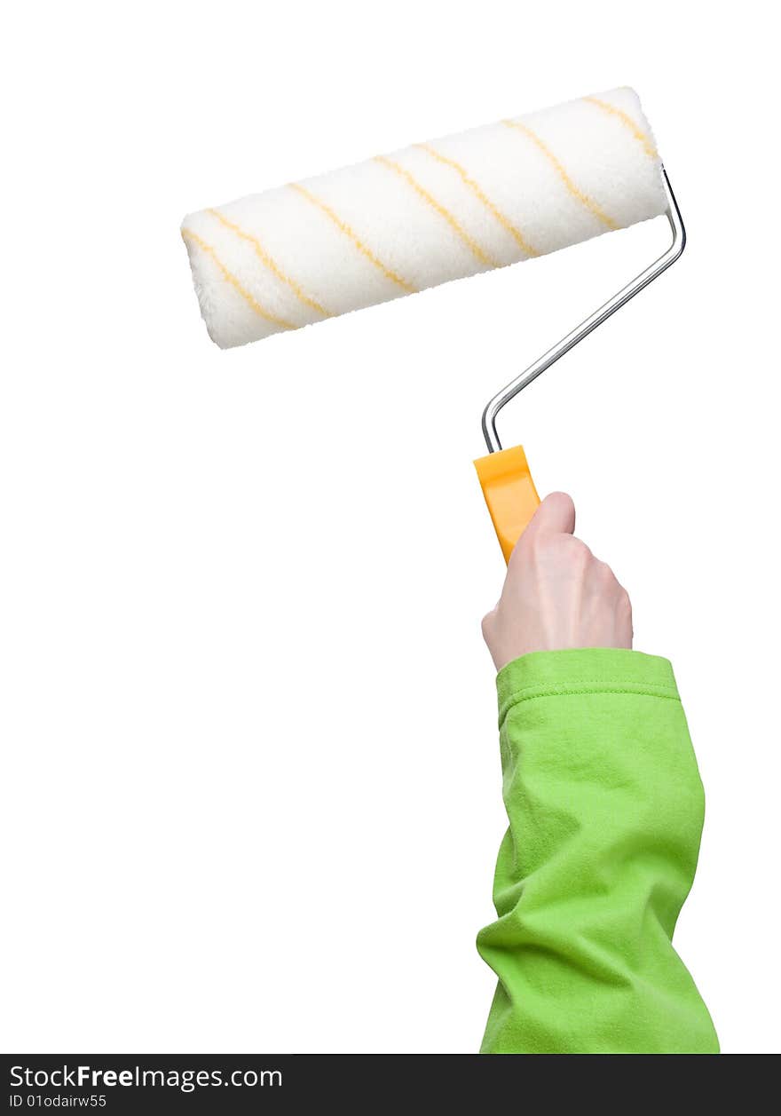 Woman holding clean paint roller in one hand