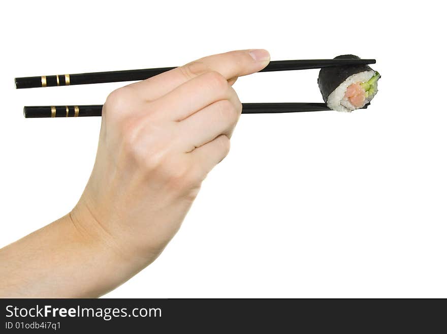 Hand With Chopstick Takes Japanese Sushi