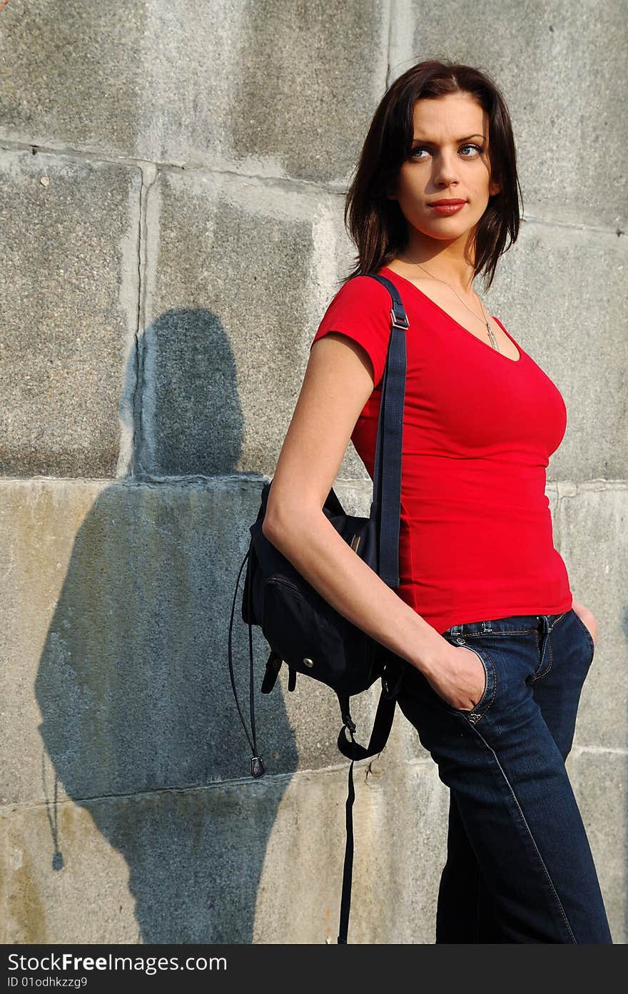 Young woman in red T-shirt. Young woman in red T-shirt