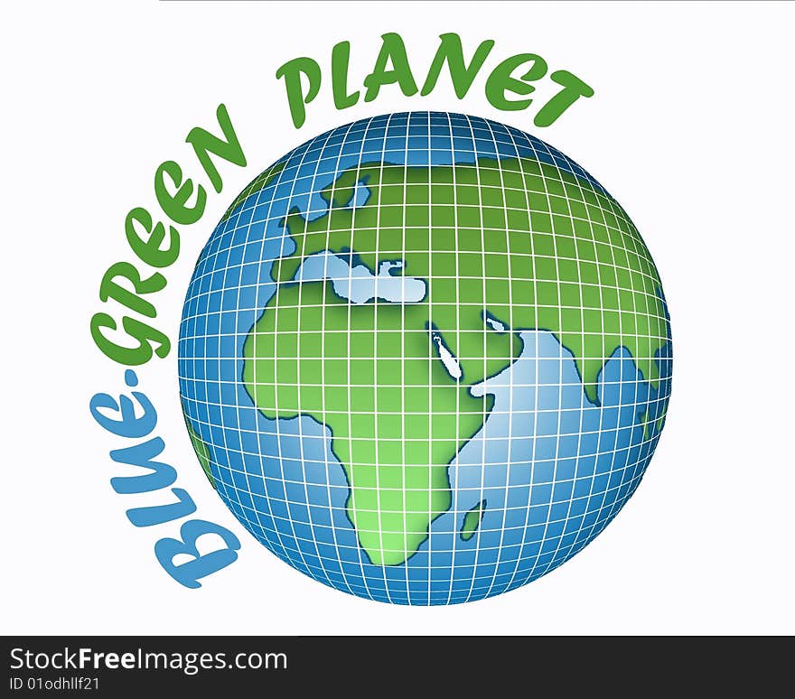 Globe contours of the continents and oceans with the words Blue- Green Planet