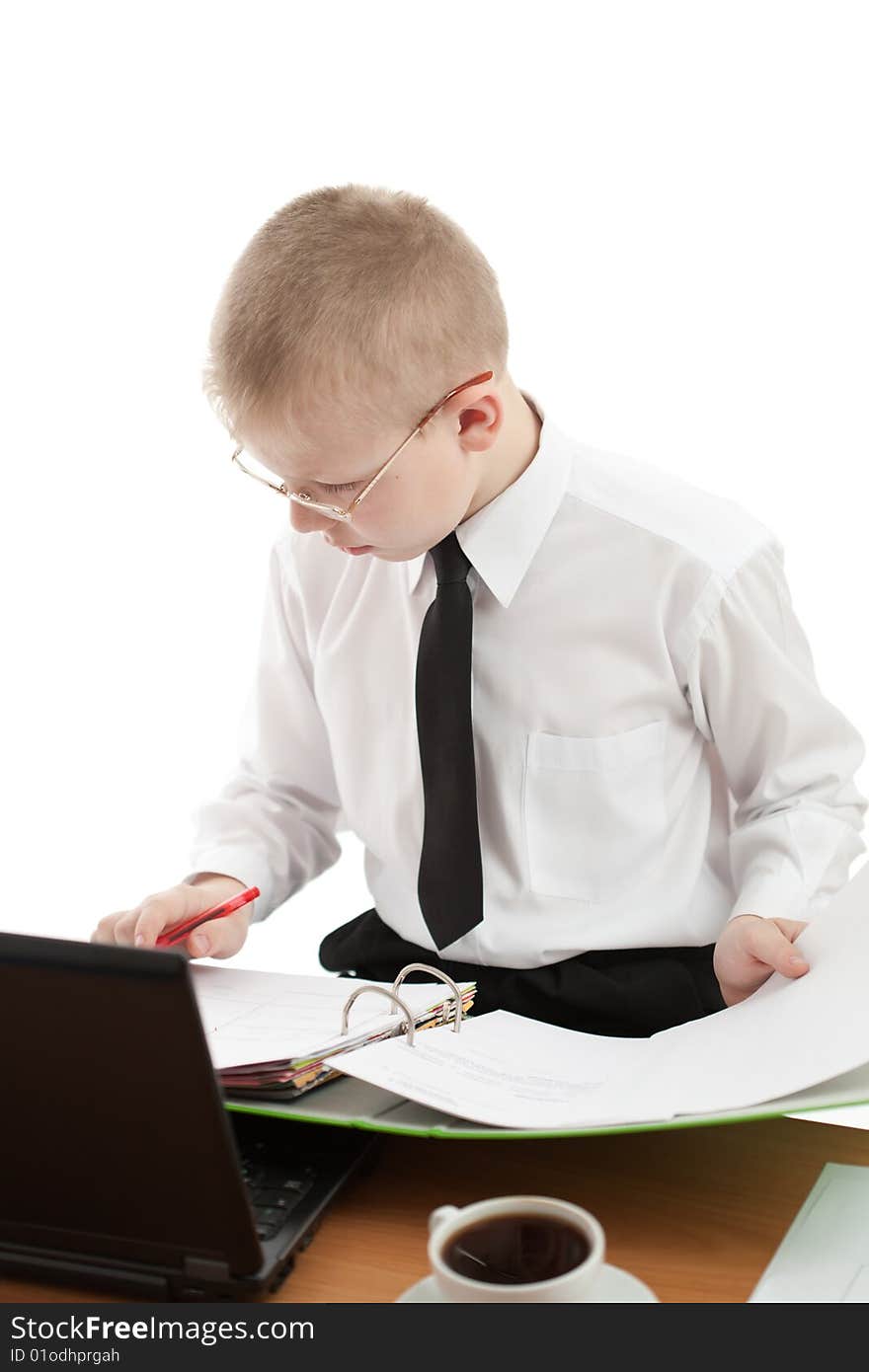 Teenager working in usual office space. Isolated on white