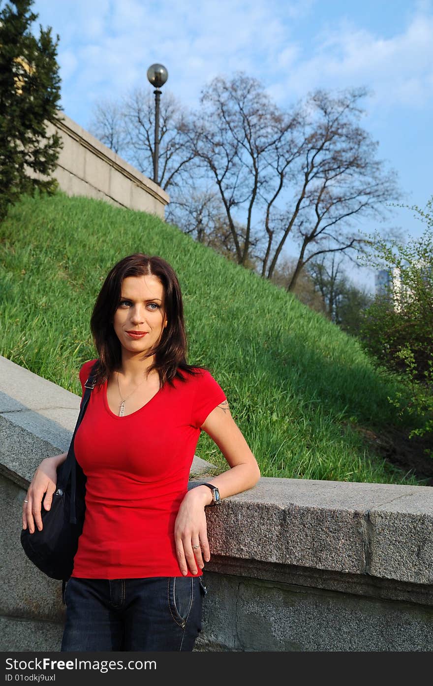 Young woman in red T-shirt. Young woman in red T-shirt