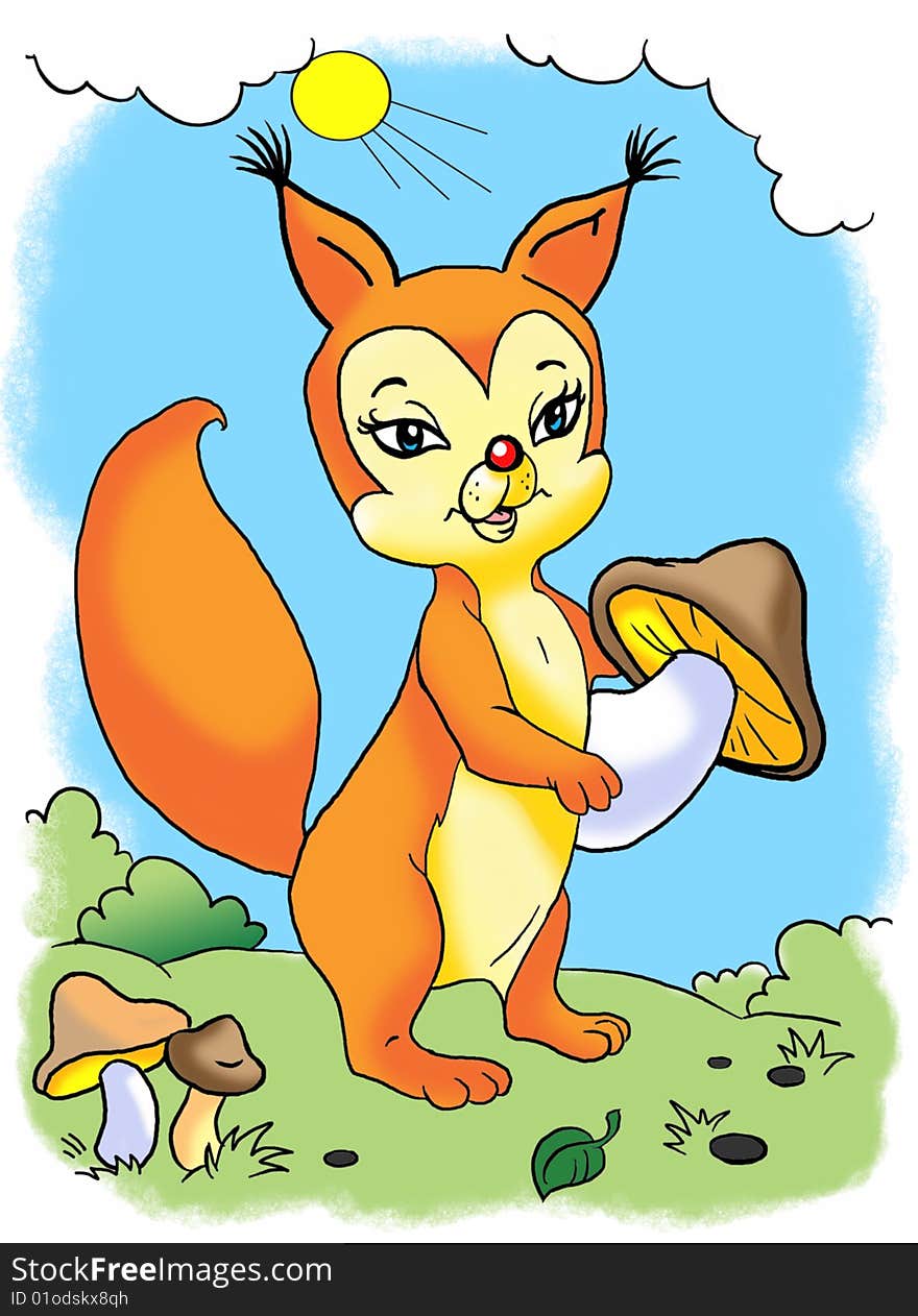 Orange Squirrel With Mushroom