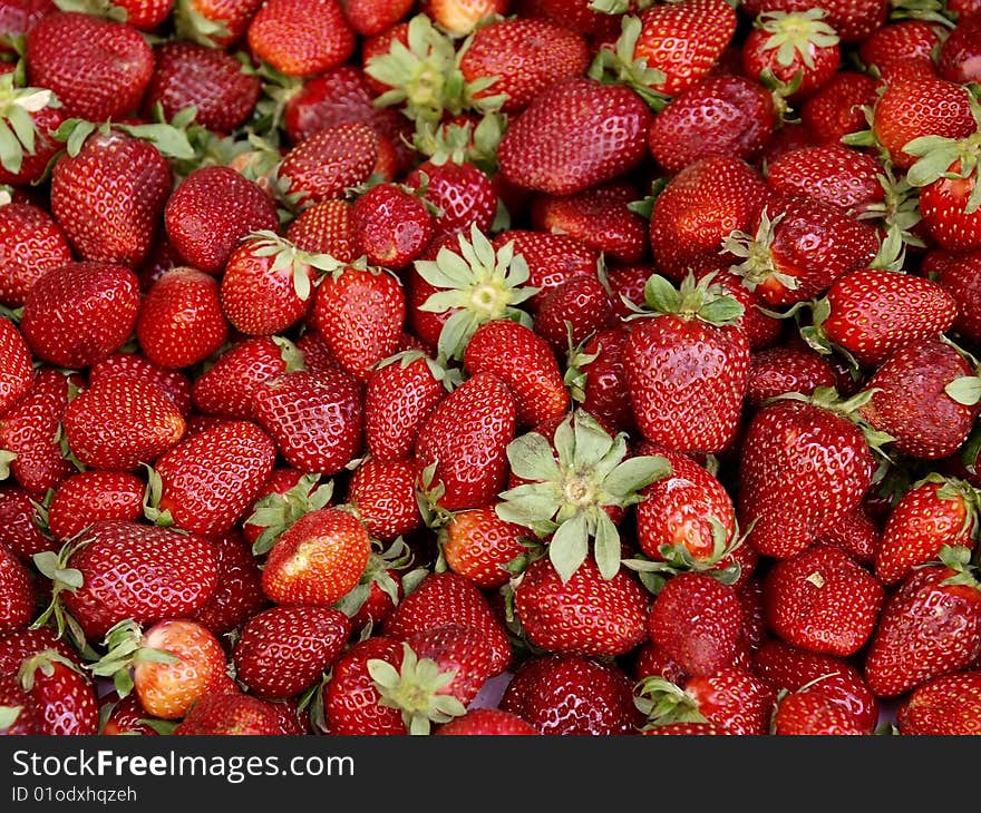 Lots of red strawberries on a pile