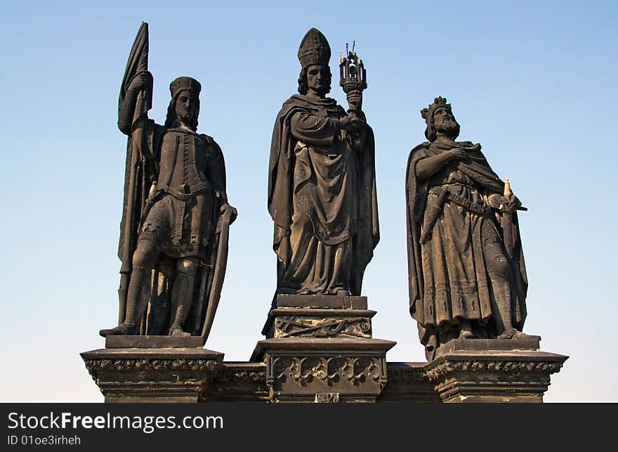 Three statues on the Charles Bridge in Prague