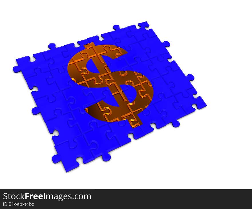 3d illustration of blue puzzle with golden dollar sign. 3d illustration of blue puzzle with golden dollar sign