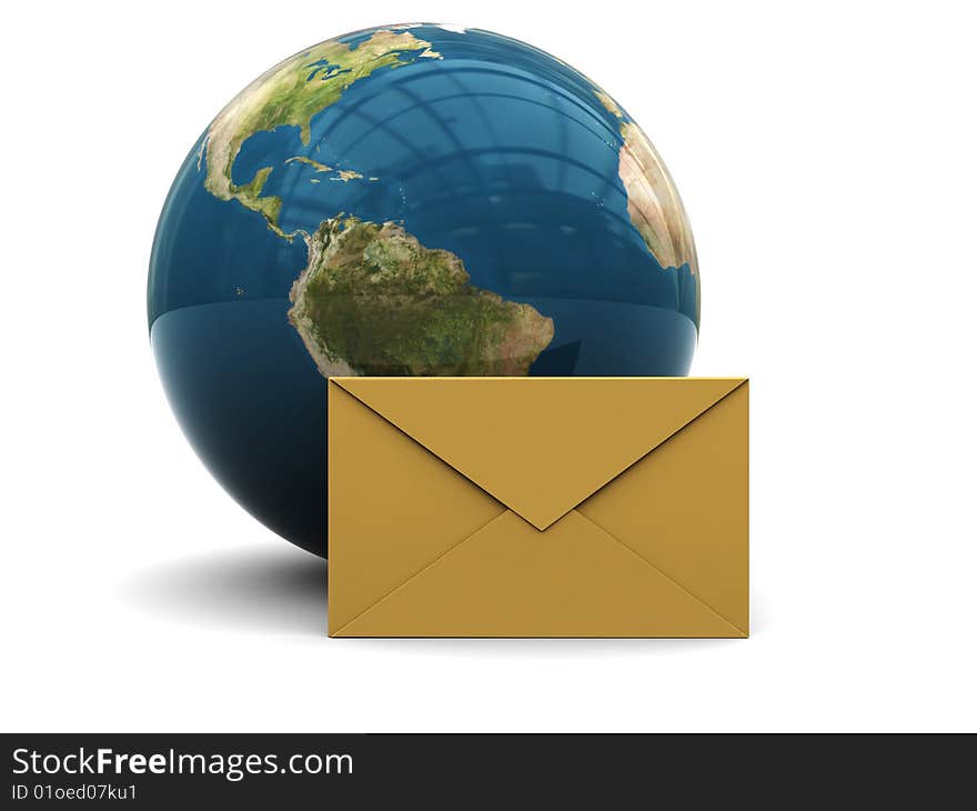 3d illustration of earth globe and mail envelope, over white background. 3d illustration of earth globe and mail envelope, over white background