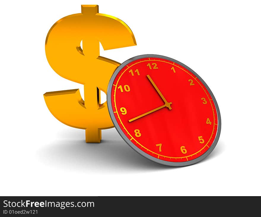 Abstract 3d illustration of golden dollar sign and clock. Abstract 3d illustration of golden dollar sign and clock